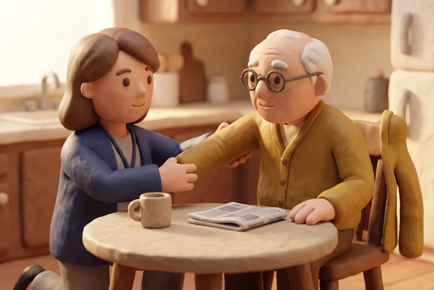 Claymation scene of a caregiver sitting with an older man at his kitchen table